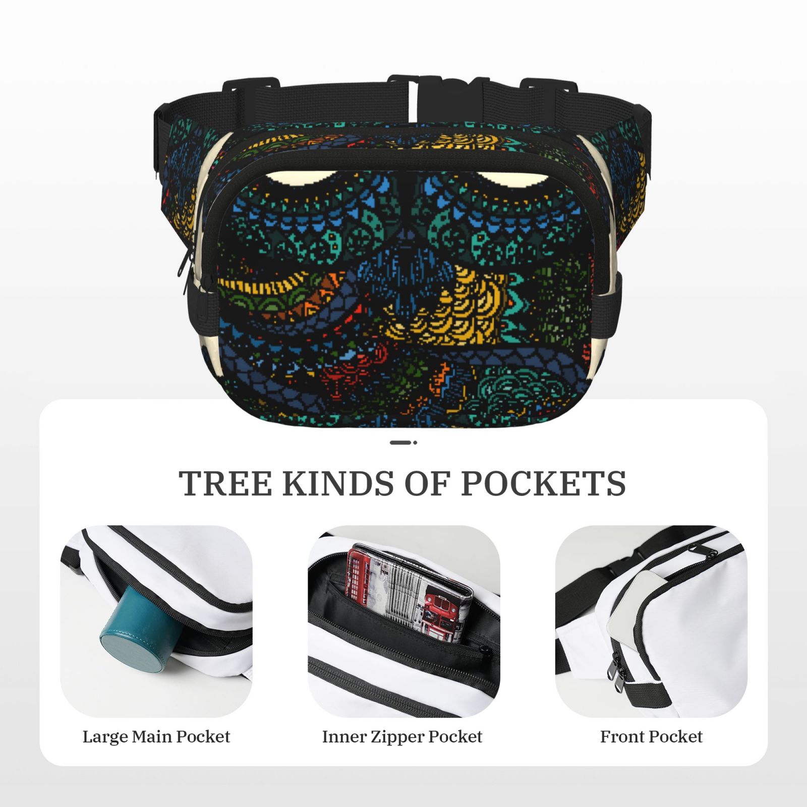 Picia Owl with Mandala Print Square Double-Layer Waist Bag Mini Adjustable Waist Belt Bag Exercise Running Travel Hiking