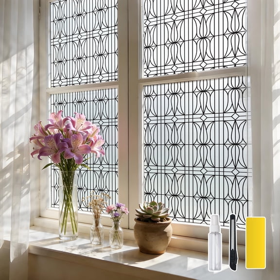 DKTIE 17.7" X 78.7" Geometric Floral Pattern Privacy Film, Featuring Sunshade And Uv Protection, Electrostatic Adsorption Installation, And Reusability