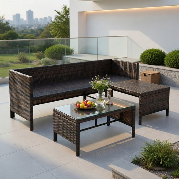 GVN 3 Pieces Outdoor Sectional Sofa, Patio Furniture Sets, All-Weather Rattan Wicker Sofa Small Patio Conversation Couch with Washable Cushion and Table, Gray