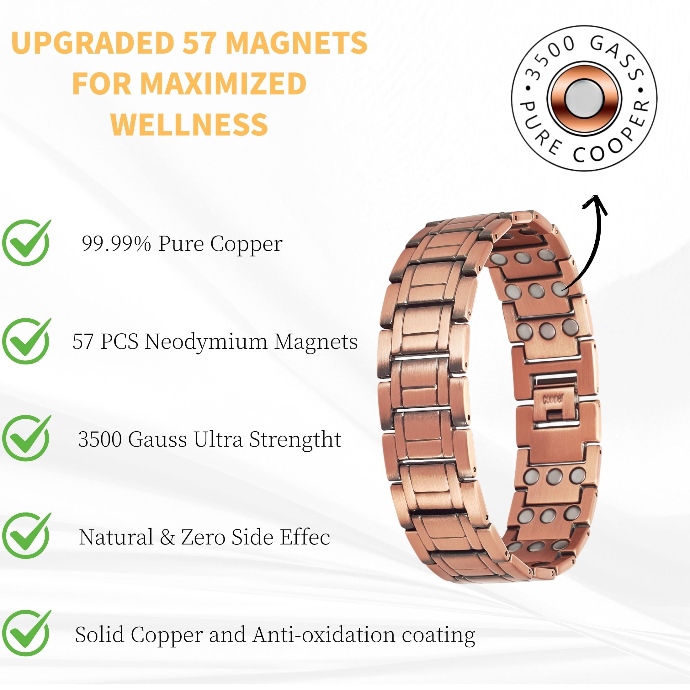Metaljc 3X Strength Magnetic Copper Bracelet for Men, Gifts for Husband, Length 8.9 In, Width 0.8 In