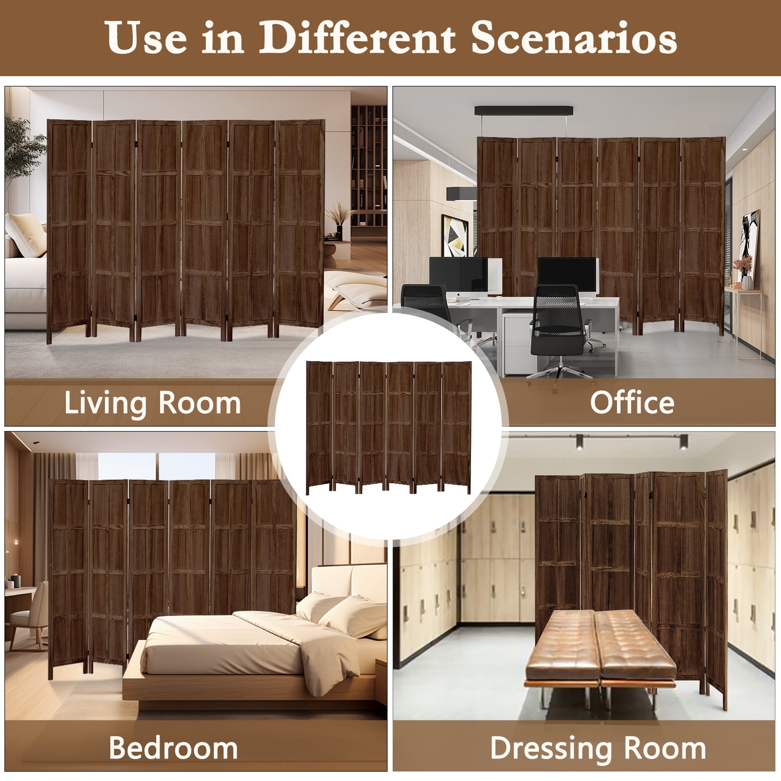 Aletheiawu 6 Panel Room Divider Wall and Folding Privacy screen, No Installation Require, Dark Brown