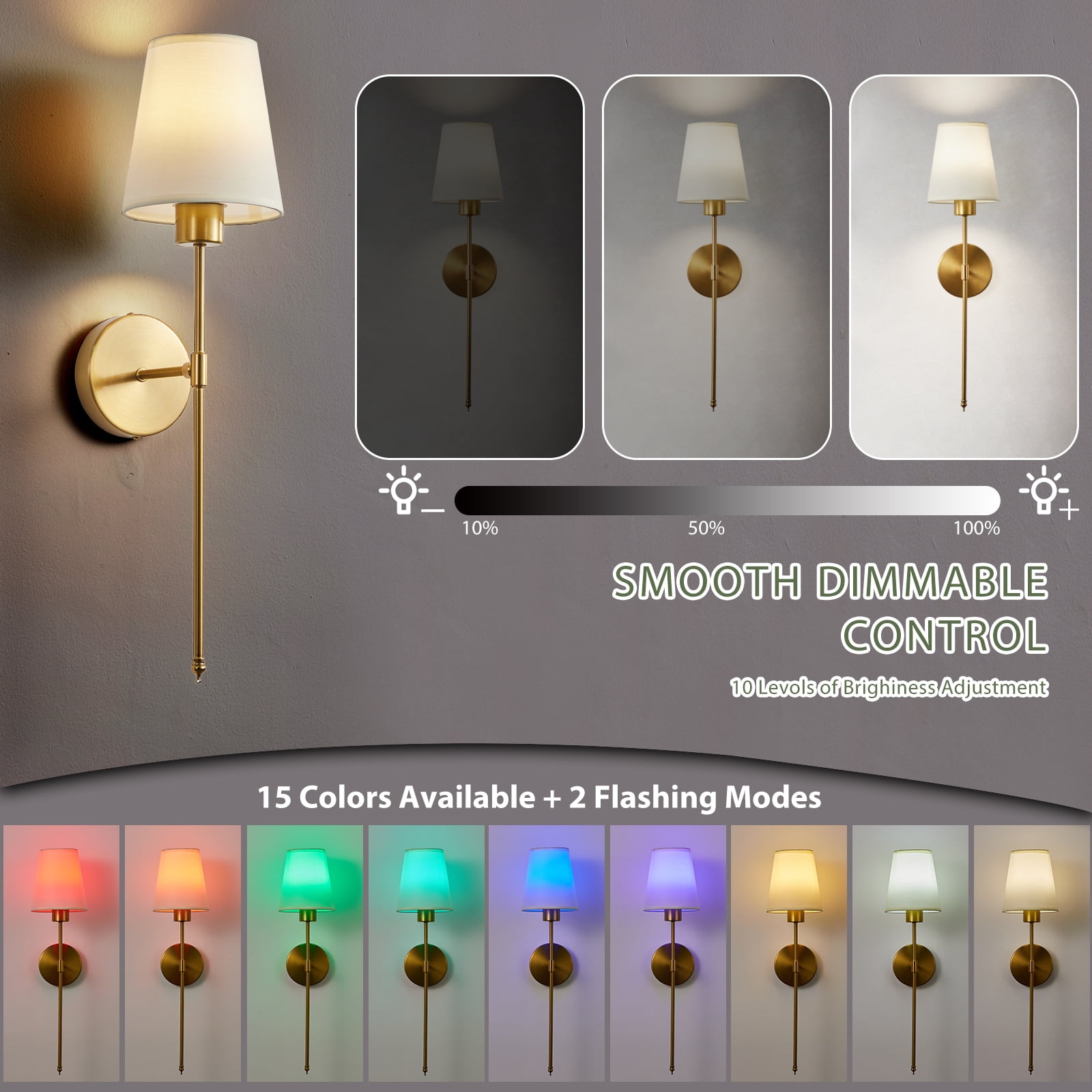 Keyinest Wireless Rechargeable Wall Sconce Set of 2, RGB Dimmable Light with 15 Colors and Remote Control, Modern Wall Lamp for Bedroom, Living Room, Hallway