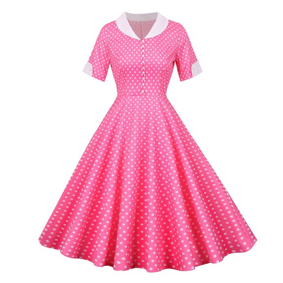 VALMASS Women's Pink Polka Dot Dress V Neck Short Sleeve Slim Casual Mini Dress Ladies Plus Size Waistband Dress (XL, D Pink)