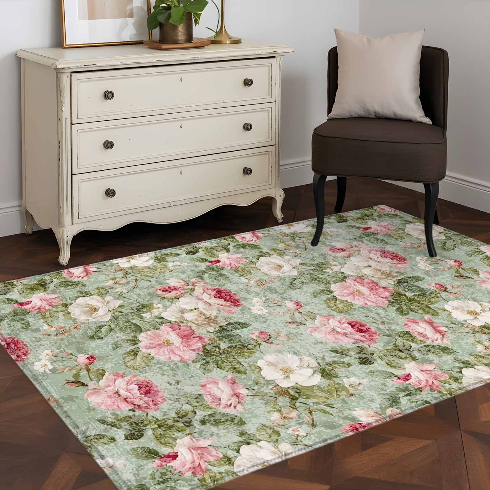 Hallway Runner Rugs 2.7x5 Ft, White Pink Flower Non Slip Area Rugs for Kitchen Bedroom Entryway, Shabby Chic Spring Vintage Leaf Green Washable Carpet Runner Rug Floor Mats for Bedroom Home Decor