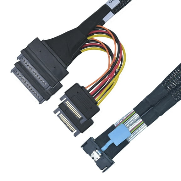 LetLinkSo PCIe 5.0 MCIO x8 to 2 x SFF-8639 Cable for U.2 NVMe SSD with 15Pin Power, 2.1ft(65 cm)