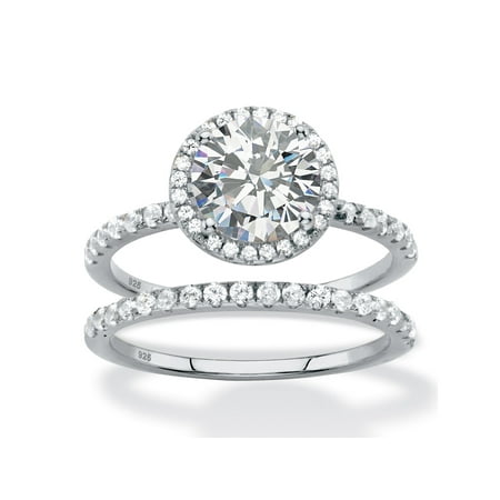 Platinum Wedding Jewelry Set 2.66 TCW Round White Cubic Zirconia 2-Piece Halo Bridal Wedding Ring Set in Platinum over Sterling Silver ()