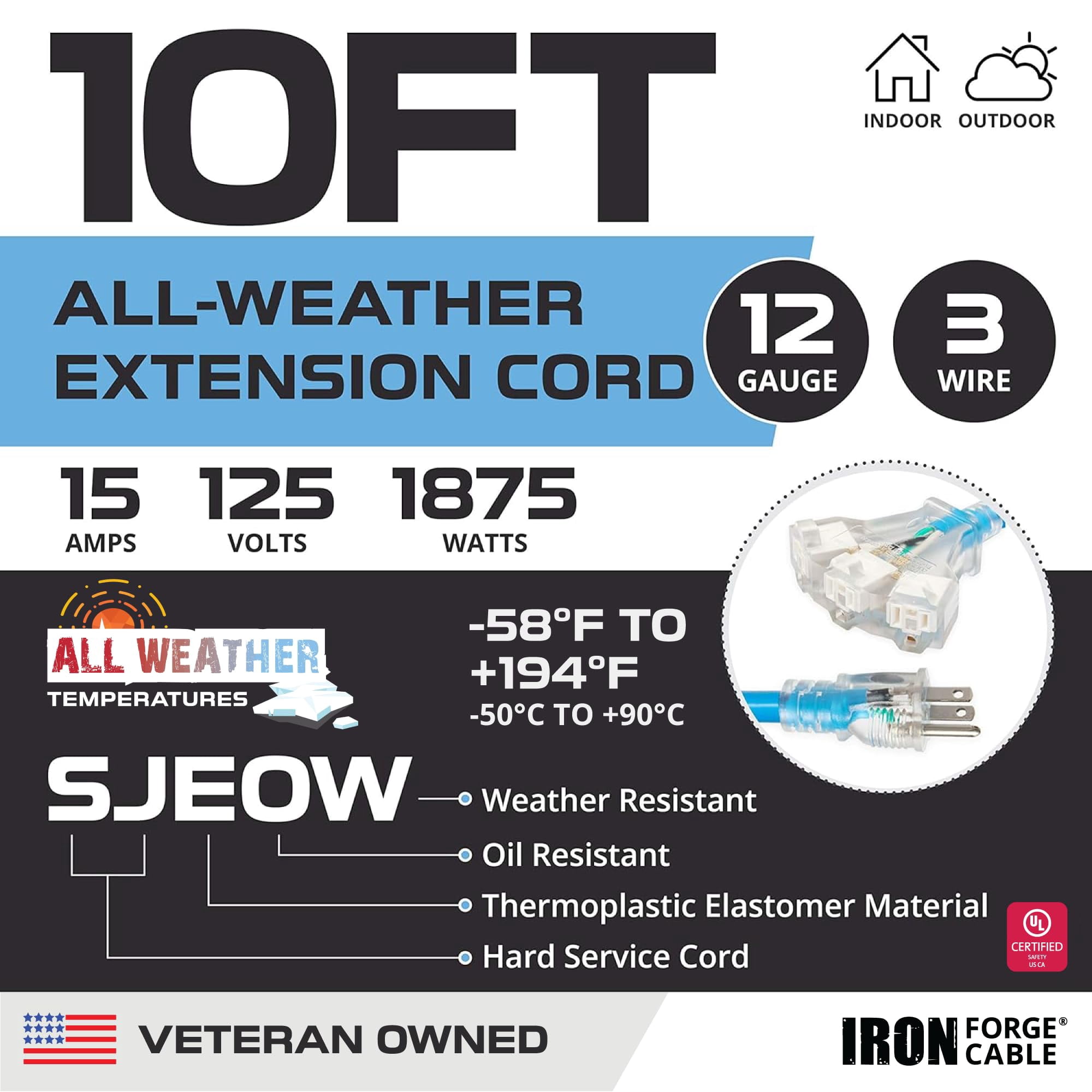 Iron Forge Cable 10 Ft 3 Outlet All-Weather Extension Cord for Outdoor & Indoor Use - 12/3 SJEOW Lighted 3 Prong Cord - for Extreme Temperatures