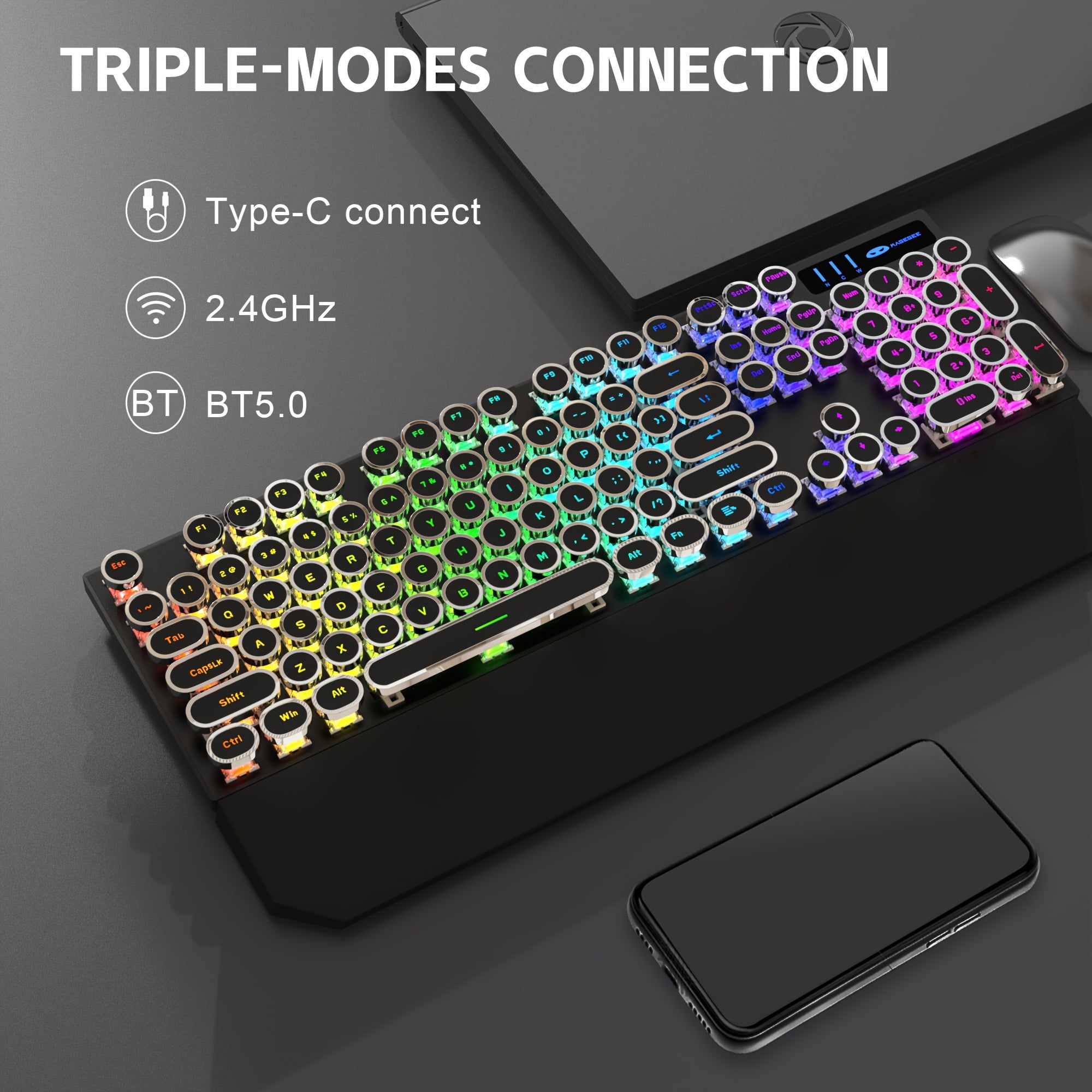 MageGee tri-mode BT5.0/2.4G/Type-C Typewriter Mechanical Gaming Keyboard Retro Punk Round Keycaps with RGB Rainbow Backlit Round key cap