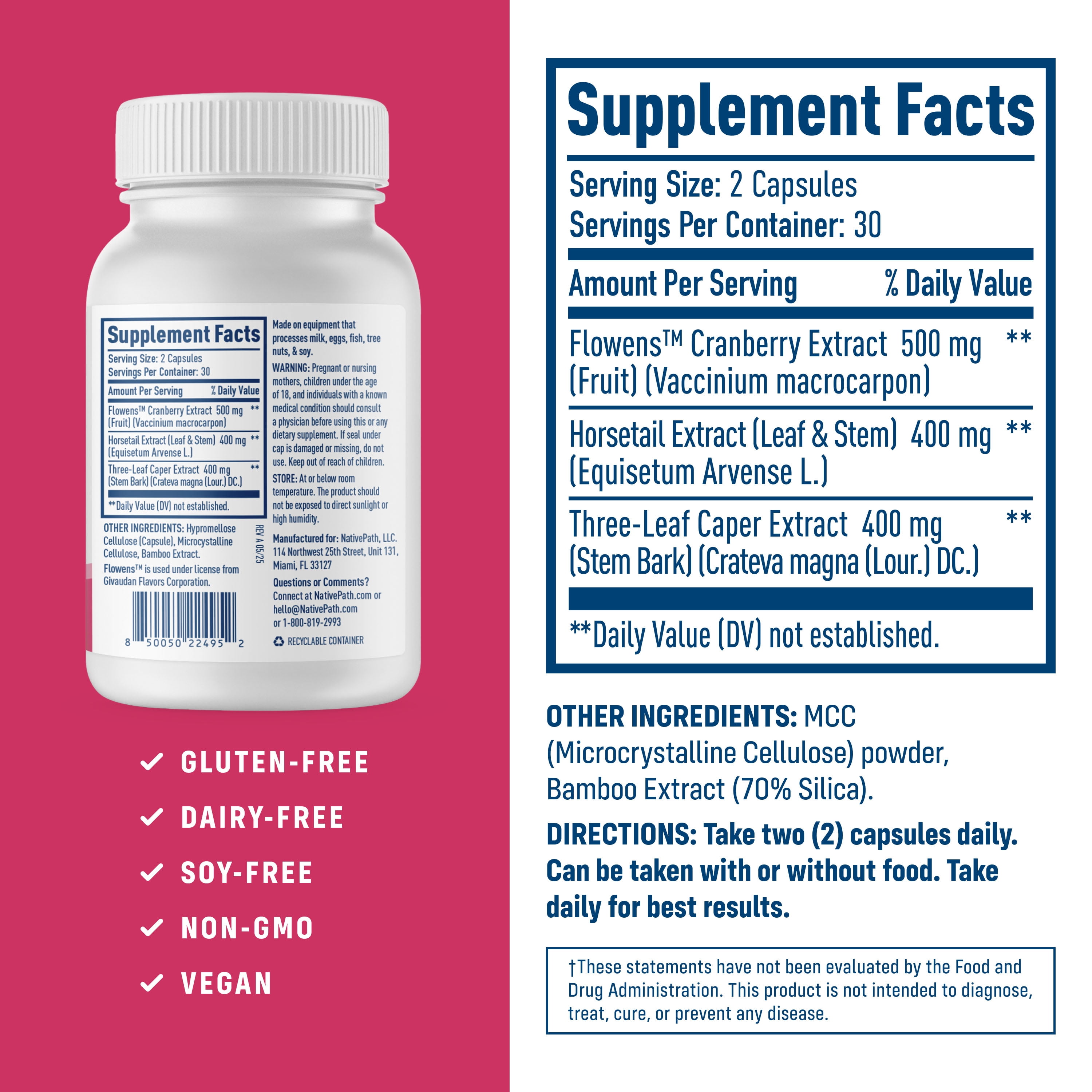 NativePath Bladder Health with Cranberry and Horsetail for Women and Men, Urinary Support, 60 Capsules