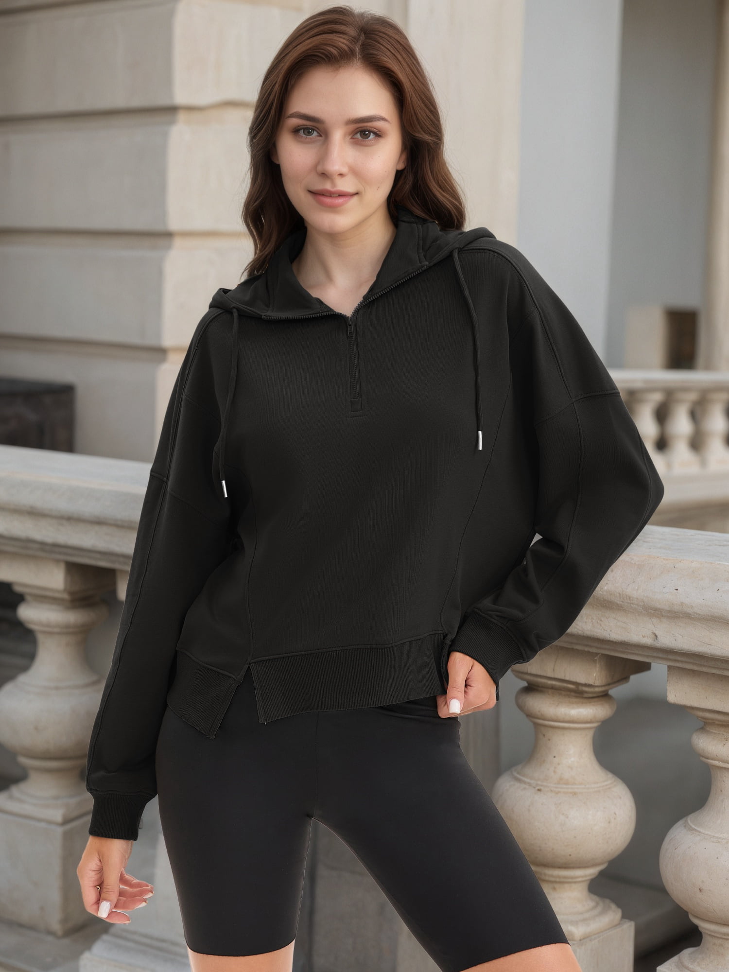 DARING DIVA Women's Stylish Cropped Half Zip Hoodie with Trendy Side Slits S Black