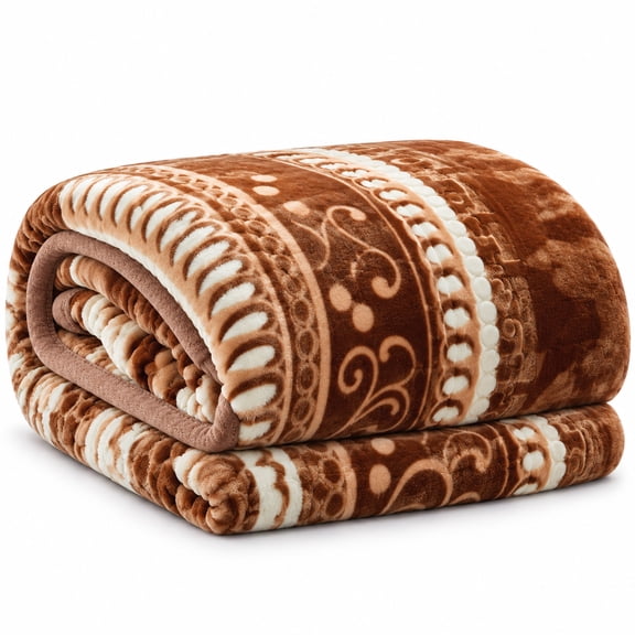 Virtu 9 Lbs 79" x 94" Korean Queen Size MInk Blanket, 2 Ply Warm Heavyweight Reversible Raschel Winter Bed Blankets, Brown