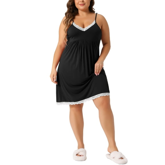 Agnes Orinda Women's Plus Size Pajama Lace Spaghetti Straps Babydoll Chemise Nightgown Lingerie V Neck Nightdress 1X Black