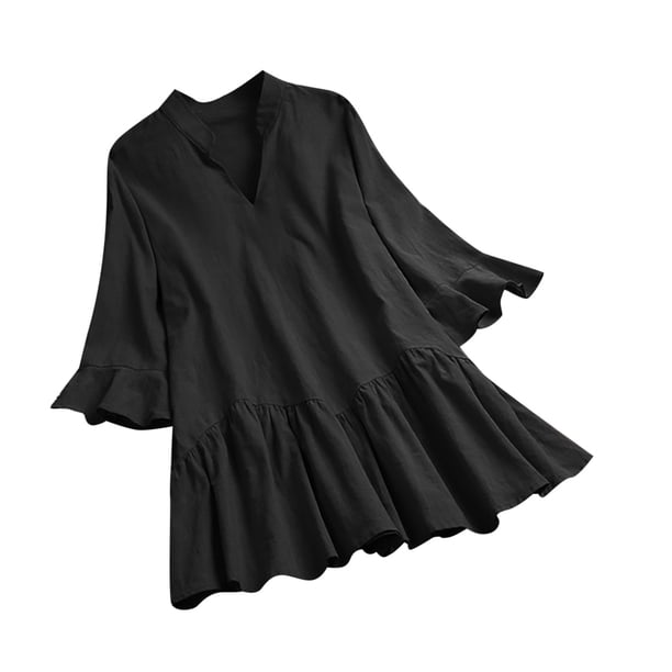 Tops de Mujer Elegantes Blusas Casuales Camisas de Moda Camiseta de Color Sólido Manga de Trompeta Manga Corta Cuello en V Odeerbi ODB168698