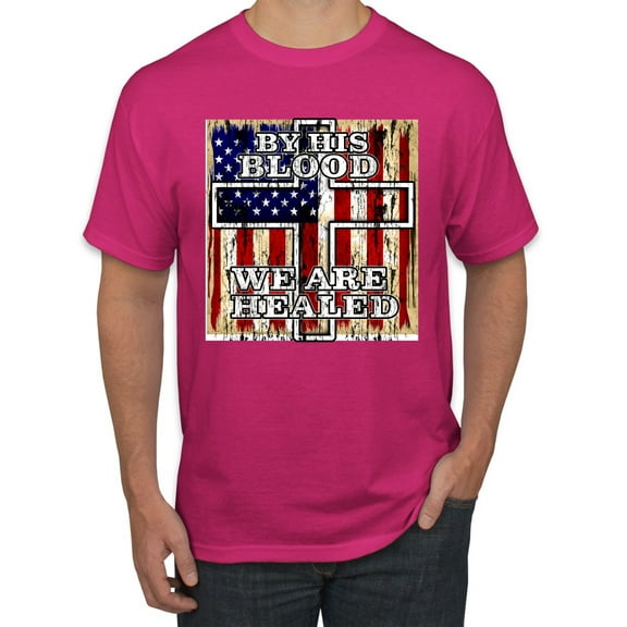 By His Blood We Are Healed Inspirational/Christian Men's Graphic T-Shirt, Fuschia, X-Large