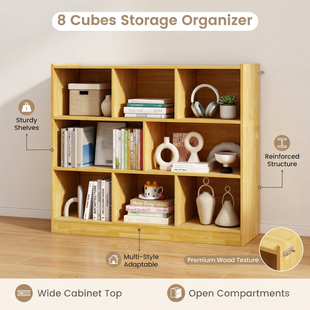 Demi Bonn 3-Tier Open Bookcase, 8-Cube Floor Standing Storage Shelves Display Cabinet, Free-standing Bookshelf, Yellow