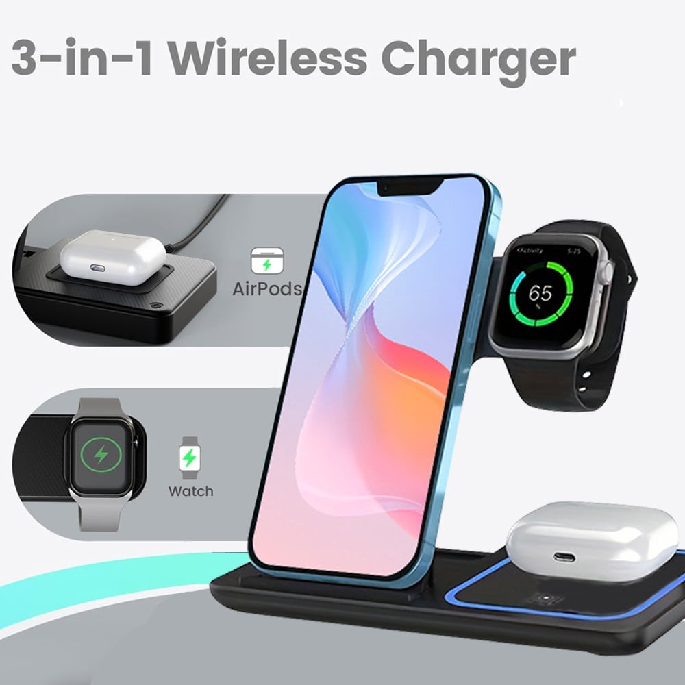 3-in-1 Wireless Charger: Fast Charge for iPhone/Apple Watch/AirPods – Foldable,Black