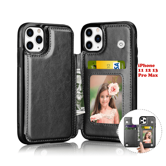Tekcoo Wallet Case with Card Holder for iPhone 11 12 13 Pro Max, Wallet Premium PU Leather Kickstand Card Slots,Double Magnetic Clasp and Durable Shockproof Cover -Black