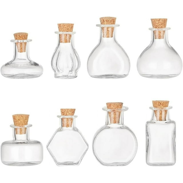 8 mini botellas de vidrio de diferentes estilos, frascos de vidrio transparente vacíos para deseos con tapones de corcho, pequeñas botellas flotantes para hechizos.