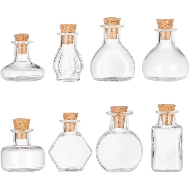 8 mini botellas de vidrio de diferentes estilos, frascos de vidrio transparente vacíos para deseos con tapones de corcho, pequeñas botellas flotantes para hechizos.