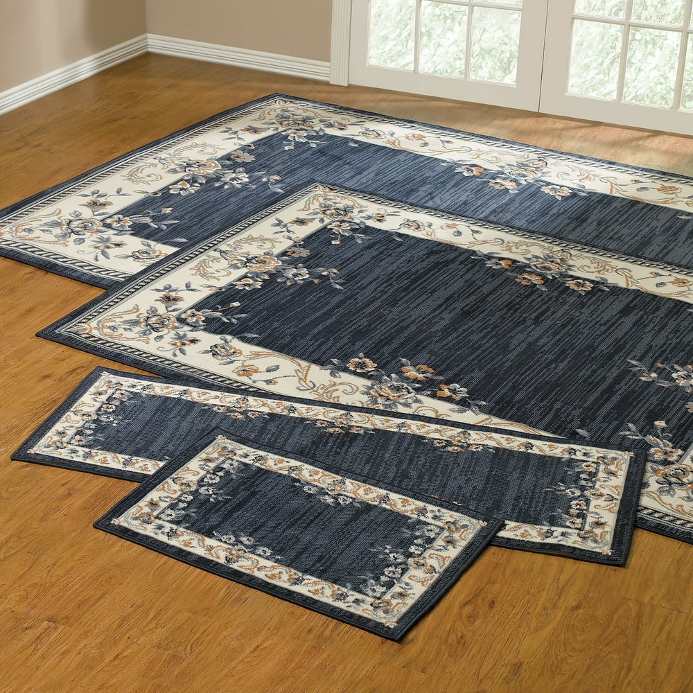 BrylaneHome Rose Border 4 Piece Rug Set With Runner , Navy Blue