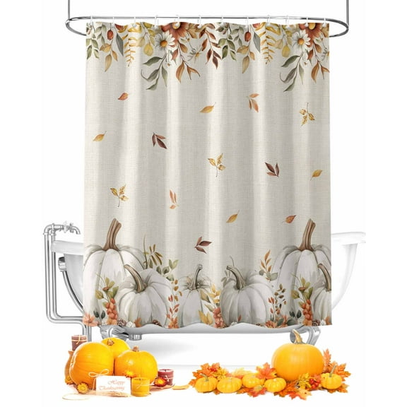 Thanksgiving Beige Pumpkin Shower Curtain Set ，Waterproof Fabric Shower Curtains Fallen Leaves Flower Vintage Linen Shower Curtains for Bathroom,Bathroom Decor 48"x72"