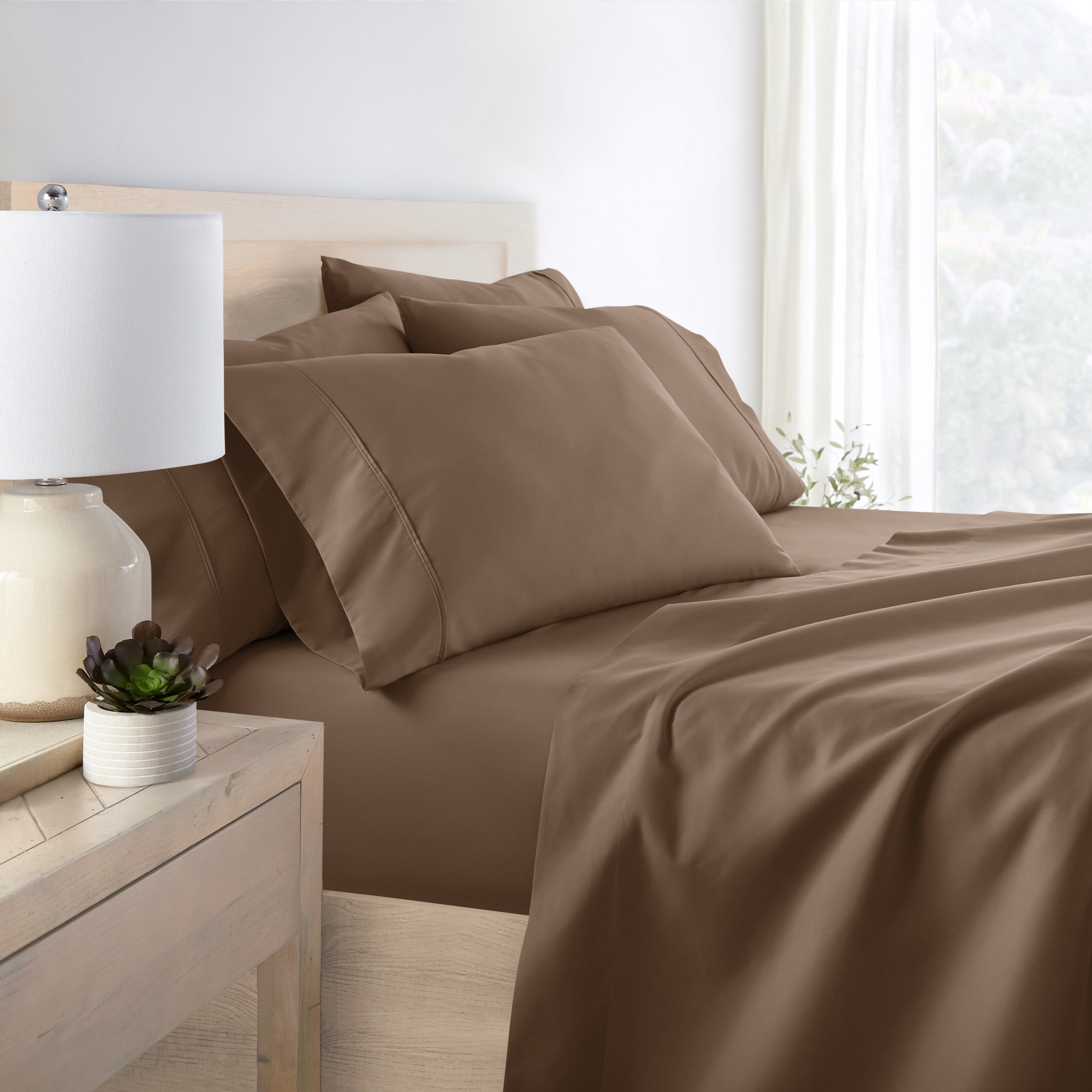 California King, Taupe Solid Microfiber 6 Piece Bed Sheet Set, by Noble Linens