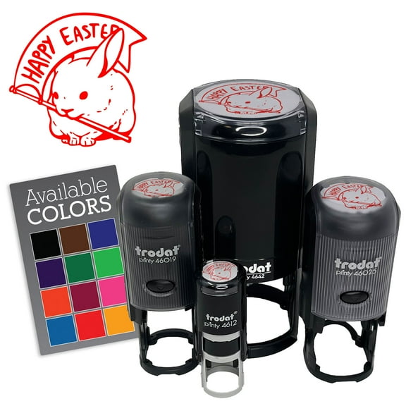 Bunny Rabbit with Happy Easter Flag Self-Inking Rubber Stamp Ink Stamper for Stamping Crafting Planners - Black Ink - Mini 1/2 Inch
