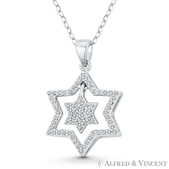 Double Star of David Cubic Zirconia CZ Crystal Pave Pendant & Chain Necklace in .925 Sterling Silver w/ Rhodium