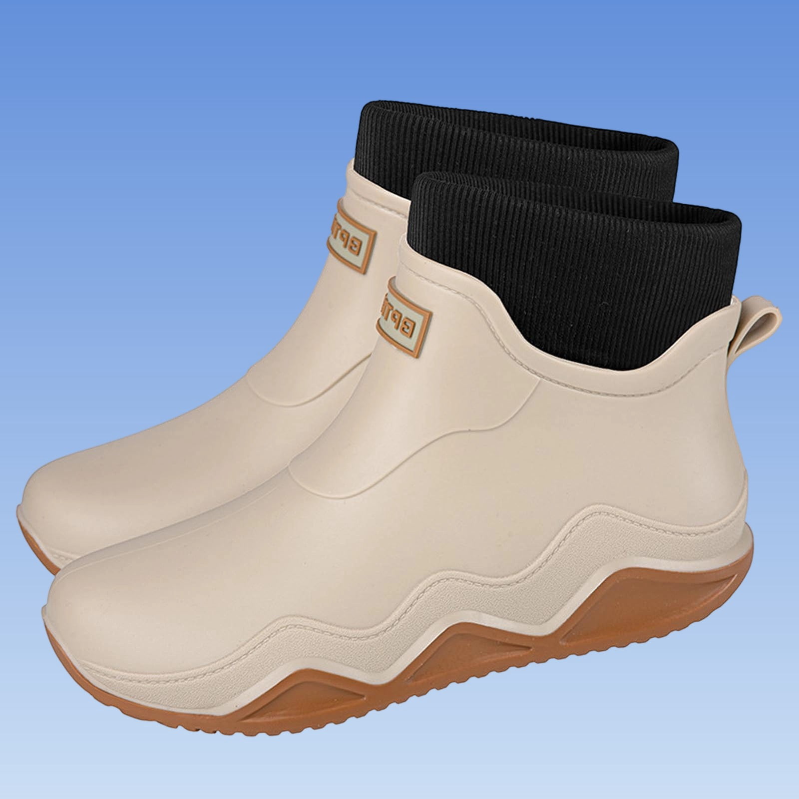 Beige Womens Rain Boots Water Shoes Low Top Rubber Sole Casual Outdoor Indoor Non Slip Shoes With Letter Design And Warm Lined For Cold Weather Size 40
