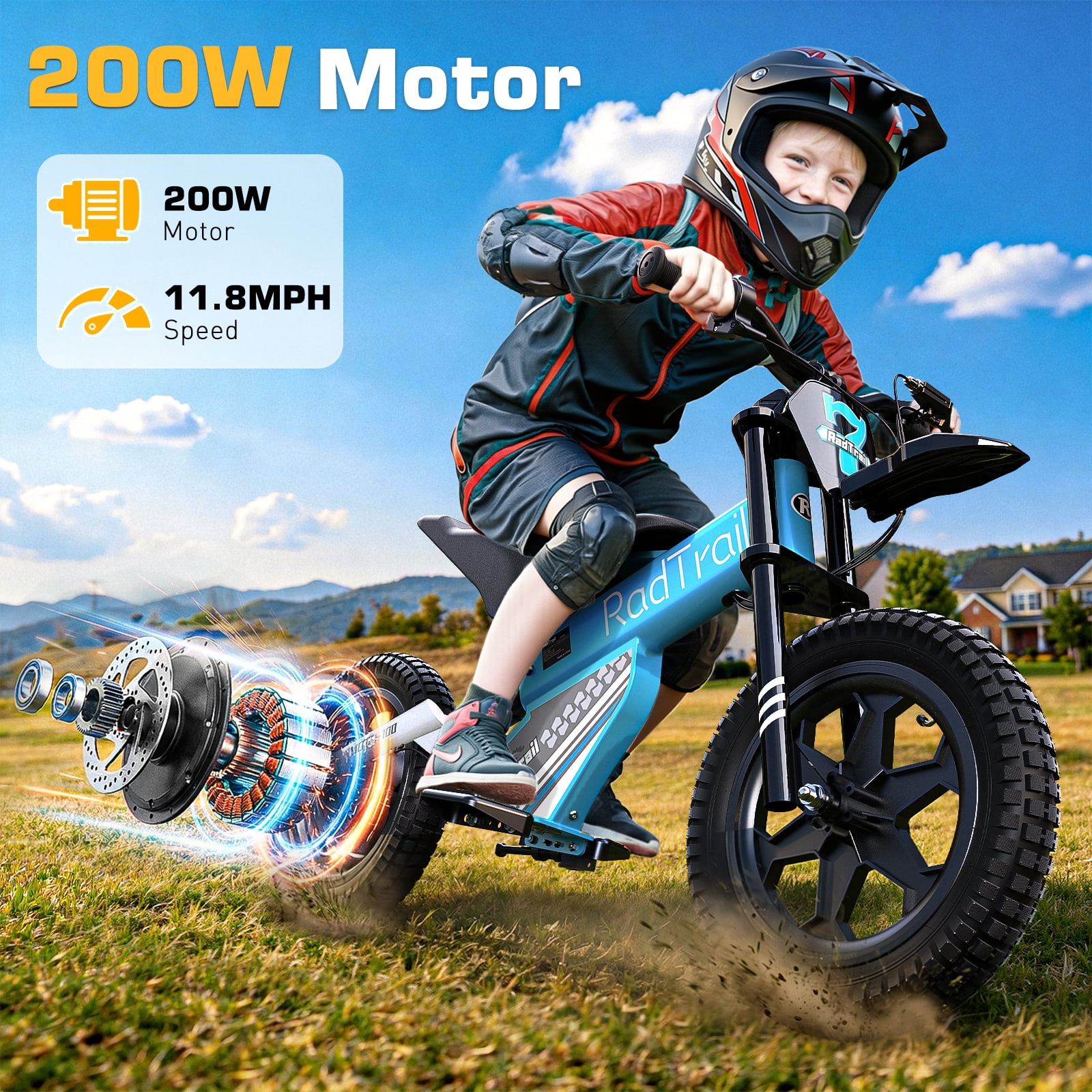 East doll 36V Electric Dirt Bike for Kids, 14" Pneumatic Tire, 200W Peak Brushless Motor, Kids Electric Dirt Bike Ages 6-12, Up to 13 MPH & 13 Miles Range, Twist Throttles, Max Load 143 Lbs, Blue