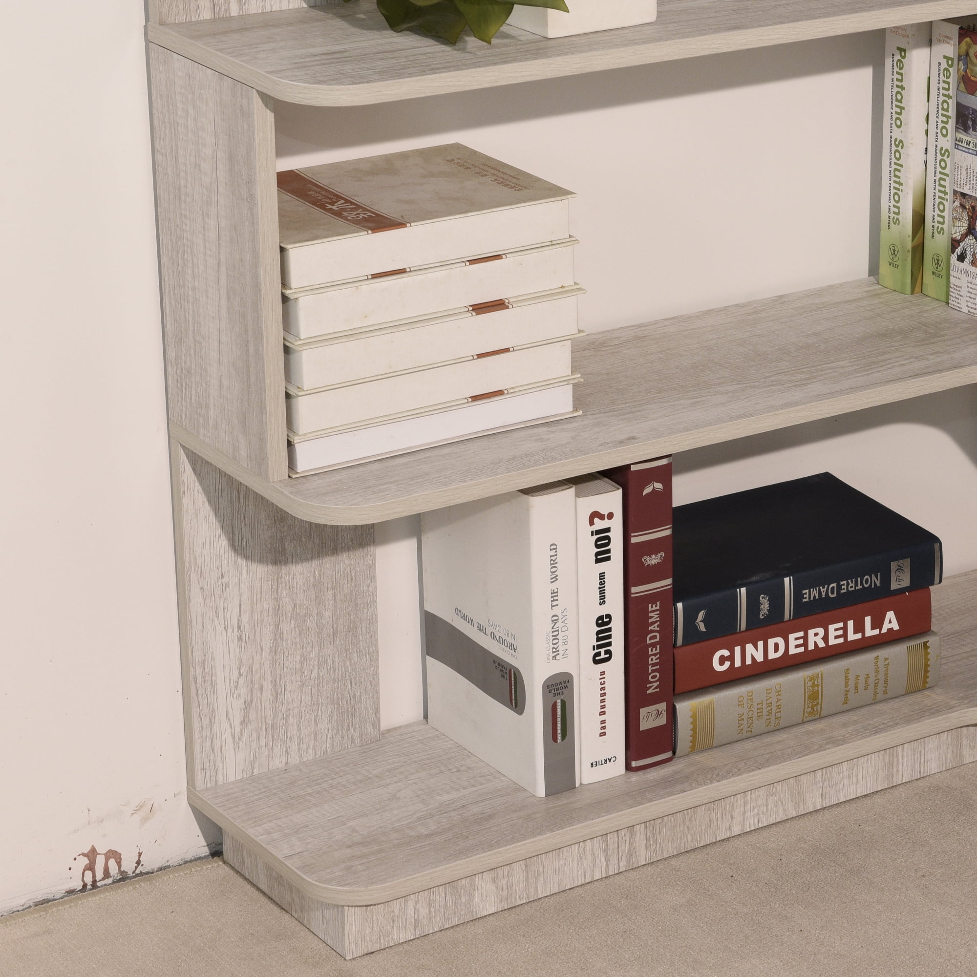 Leumius 5 Tier Freestanding Bookshelf,Wooden L-Shaped Corner Bookcase with Anti-drop Panel and Anti Tipping Device, Display shelf Open Storage,Light Gray