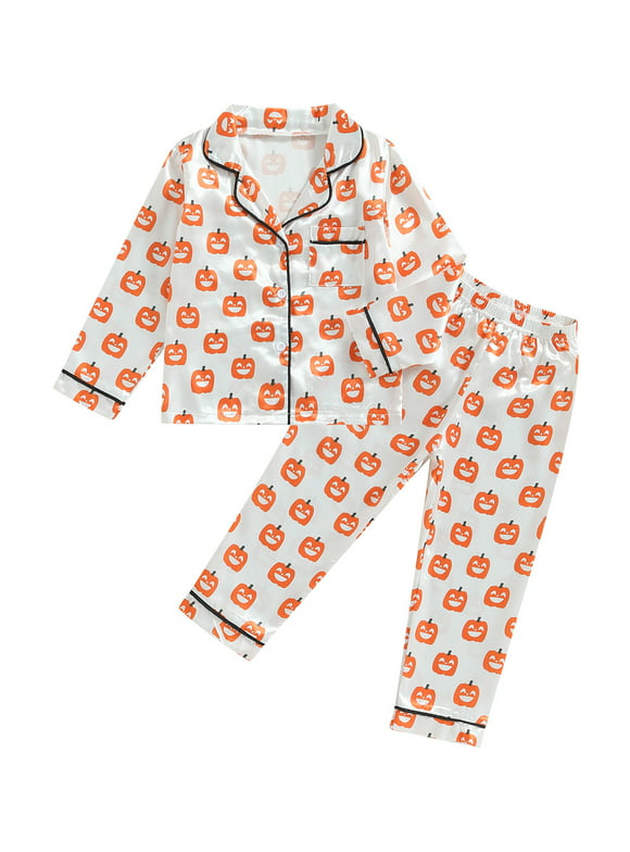 TFFR Boys Silk Pajamas Sets Satin Pumpkin Print Long Sleeve Lapel Button Shirt Tops  Pants Leisurewear
