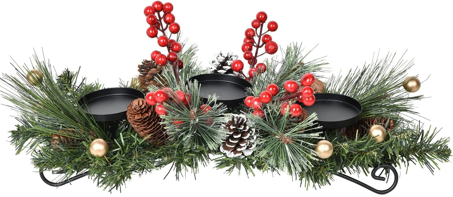QWZNDZGR Christmas Candle Holder Centerpiece,Pine Cones and Red Berry Table Centerpiece with 3