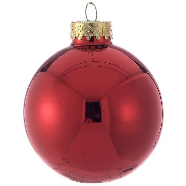 Ornement Boule en Verre Rouge Brillant de 65 mm Provenant d'Un Ensemble de 6 Boîtes par AKMI. l'Ornement Présente une surface Rouge Réfléchissante avec un Capuchon Doré et une Boucle de Suspension, Convient pour les Fêtes Ou un Usage Décoratif.