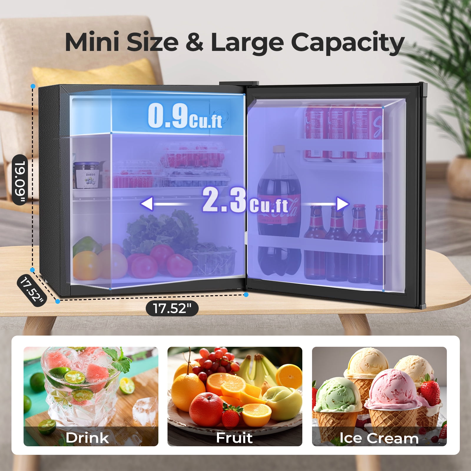 WAA 1.6 cu.ft Small Upright Mini Fridge with Freezer - Removable Shelves,7-Level Adjustable Thermostat,Low Noise,Suitable for Bedroom/Apartment/Office(Black)