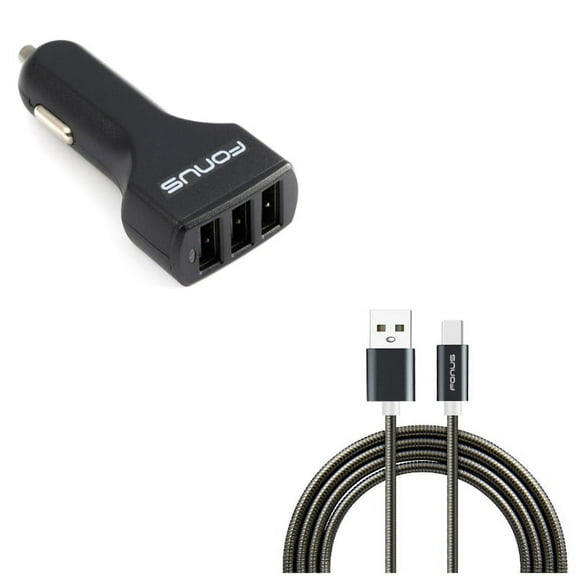 3-Port USB 36W Car Charger w Type-C 3ft Metal USB Cable Q1R for LG V50 ThinQ 5G, V40 ThinQ, V35 ThinQ, Q7 Plus, Google Nexus 5X, G8 ThinQ, G7 ThinQ, G Pad X II 10.1, Stylo 5 4 Plus