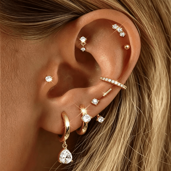 DESIGNICE Hypoallergenic Silver Gold Earrings Stacks,9 Pairs 14K Gold Plated Surgical Stainless Steel Earring Set for Sensitive Ears,Small Ear Piercing Flat Back Cartilage Earrings
