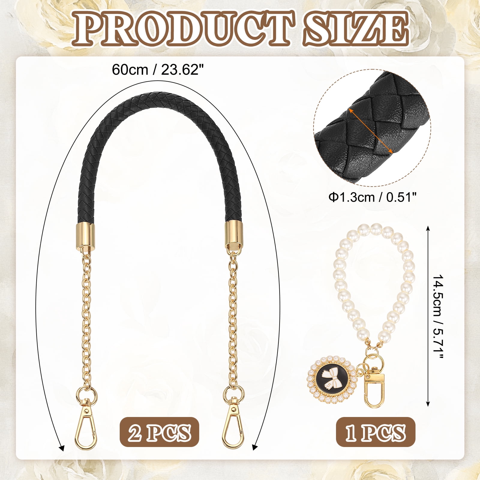 Uxcell 2 Pcs PU Leather Chain Purse Strap, 23.6 Inch Braided Purse Handles Replacement Strap with Pearl Pendant for Tote Bag Handbag Underarm Bag (Black, Light Gold Chain)