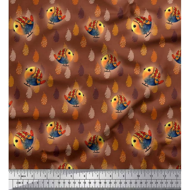 Soimoi Velvet Fabric Feather & Bird Cartoon Print Sewing Fabric Yard 58 Inch Wide