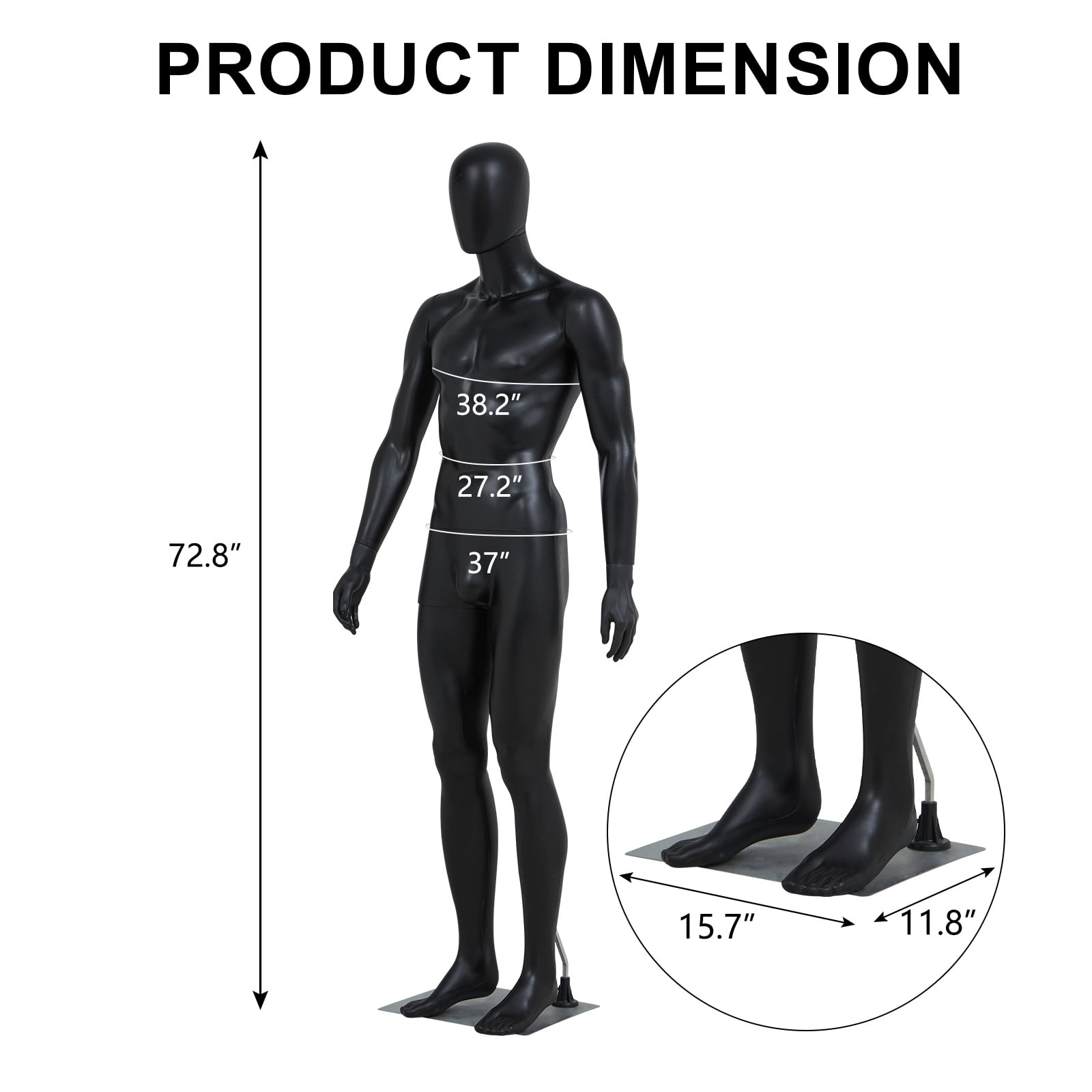 Kinbor 72.8Inch Full Body Male Mannequin, Dress Form Adjustable with Detachable Metal Stand for Retail Clothing Shops