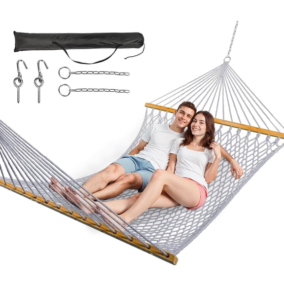 Lesen 2‑Person Double Hammock, Handwoven Rope Hammock with Spreader Bar, No Stand Included, Indoor & Outdoor Hammock for Patio Poolside Backyard, Grey