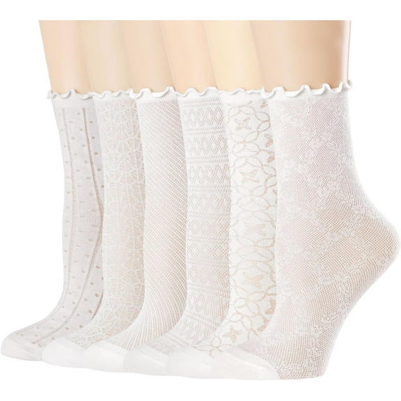 Women's Ruffle Socks Mesh Casual Lace Cotton Crew Summer Ultra Thin White Frilly Ankle Socks for Women 6 Pairs