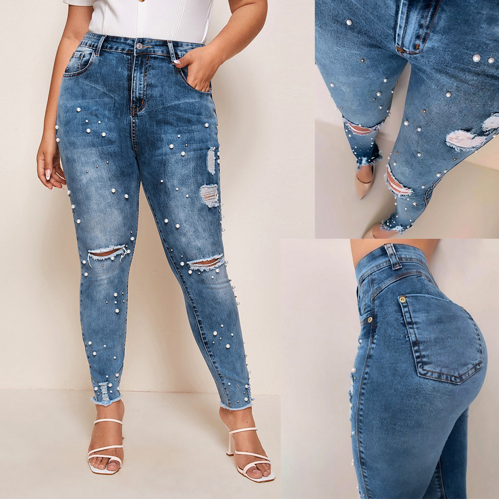 Spftem Women High Waisted Skinny Pearl Hole Denim Stretch Pants Calf Length Jeans - image 2 of 7