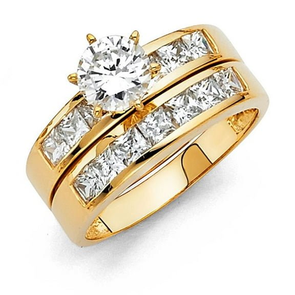 14k Yellow Gold Soltaire 1.75 ct CZ Wedding Band Ring Trio Set His & Hers