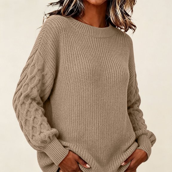 Women's Chunky Knit Pullover Sweater with Crew Neck, Loose Thick Warm Casual Long Sleeve Top, for Fall Winter Daily Wear, Home Comfort or Cozy Outings Beige L