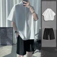 thumbnail image 3 of Conjuntos de camisetas y pantalones cortos para hombre, de nailon, lisos, sin logotipo, de corte regular, informales, holgados, novedad en camisetas y tops, moda para hombre 2024, 3 of 5