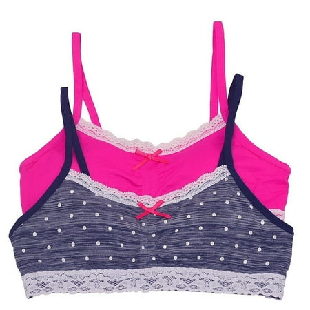 Sophia Cami - Girls Fuchsia Navy Tiny Polka Dot Print Lace Trim 2 Pc Cami Bra Set