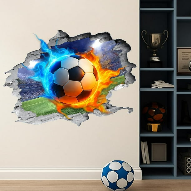Adhesivo de pared de fútbol 3D con llamas de fútbol, vinilo adhesivo para pared, diseño de pared de fútbol que rompe las paredes.