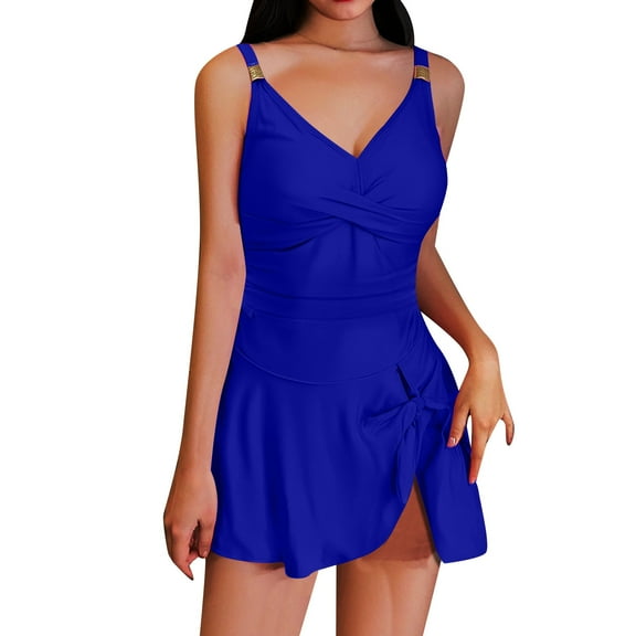 Women V-neck Swimsuits Waist-fitted Bathing Dress Smooth Elastic Fabric Beach Pool Swimwear For Daily Use,Size:S