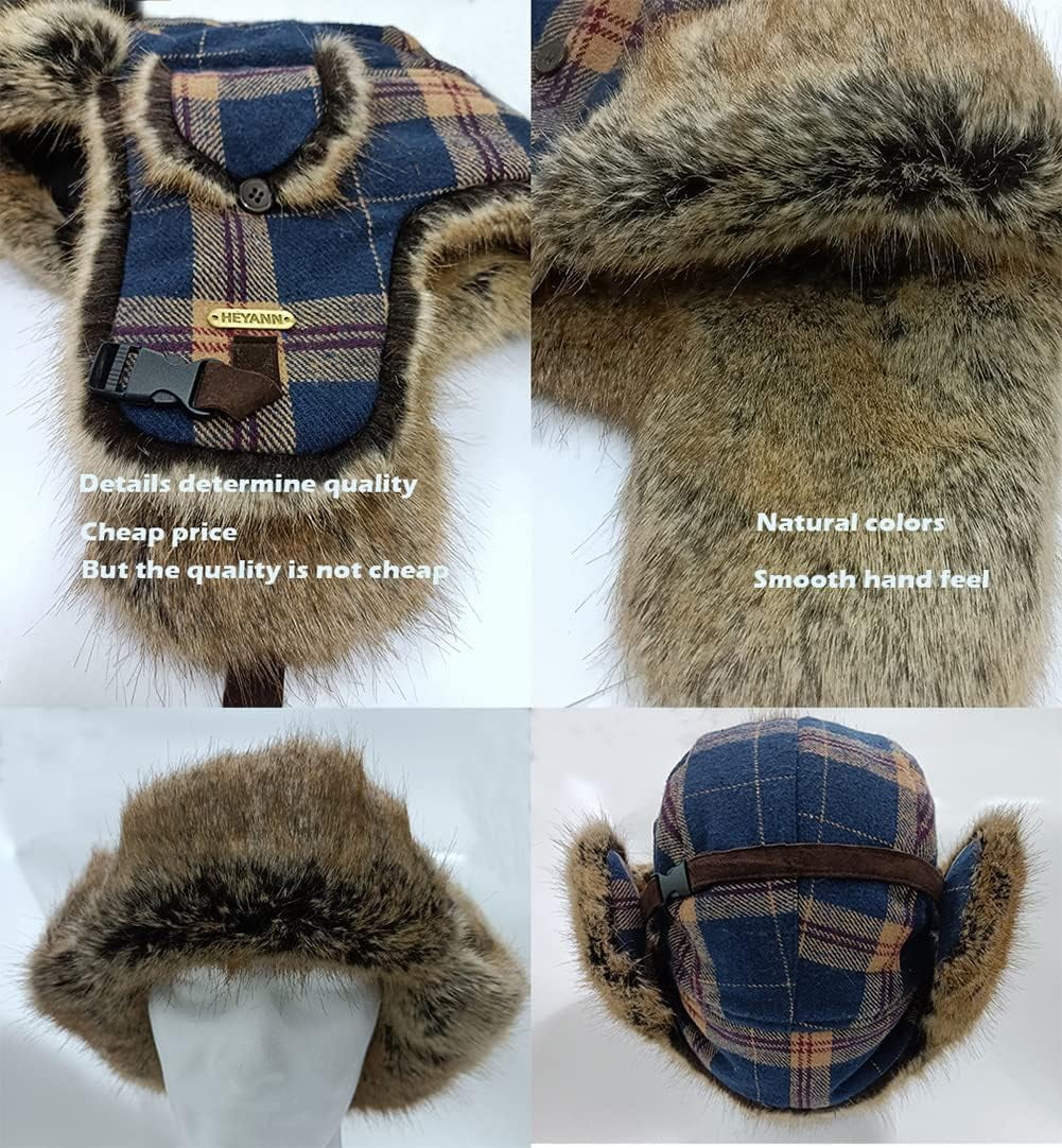 Winter Trapper Hat with Ear Flaps Plaid Russian Ushanka Aviator Hat Faux Fur Hunting Hats for Men Women(Plaid Ski Hat,L/XL)